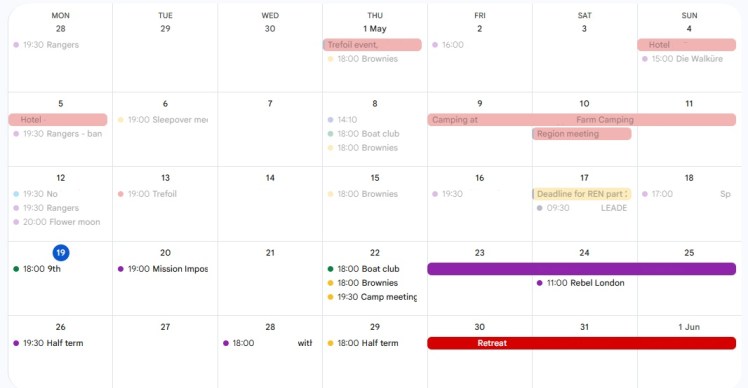 My Google Calendar for May. A few things, mostly at weekends, mark multi-day stays, almost everything else is a coloured dot with a time against it. A lot of it has been redacted and now looks kind of weird and empty.