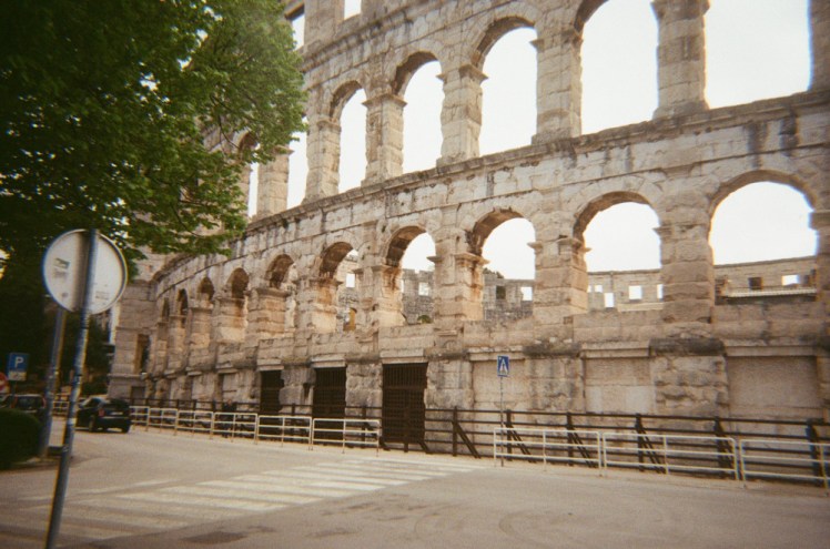 Pula Arena as seen from the other side of the road. As all these pictures will be, this was taken on ISO 200 35mm film, so it's slightly grainy and slightly golden-tinted.