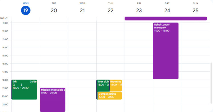 This week on my calendar, showing mainly events in green, yellow and purple, including a cluster of three that overlap on Thursday. Now you can see how I block them out.