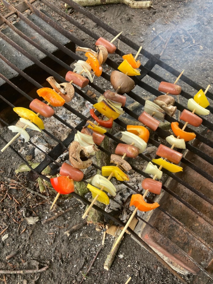 Four kebabs, with various combinations of bits of hot dog, orange and yellow peppers, onions and mushrooms, lying neatly on a grid over a fire that's mostly not-very-hot white embers.