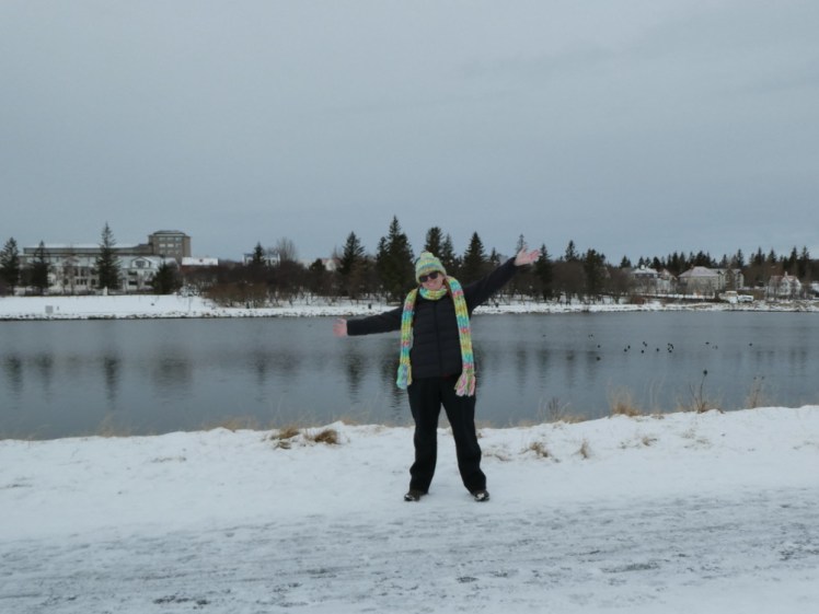 Me, dressed all in black except a neon/pastel scarf and matching hat, posing with my arms outstretched in front of a half frozen lake in Reykjavik. The ground is snowy and the sky is heavy grey, promising more snow to come.