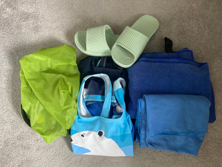 My swimming stuff: A bright green drybag, a pair of sage green plastic sandals, two swimsuits (one navy, one with a polar bear on it) and two dark blue travel towels.