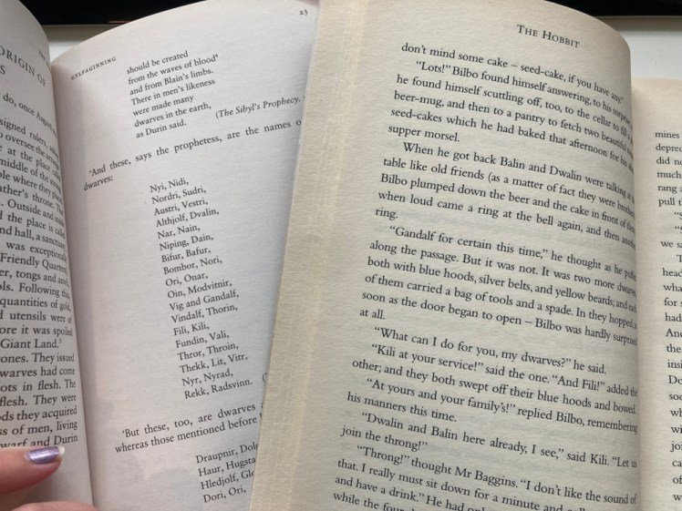 A list of elves from the Prose Edda (13th century) on the left and a page from the Hobbit as the dwarves arrive at Bilbo's house from The Hobbit (1937).