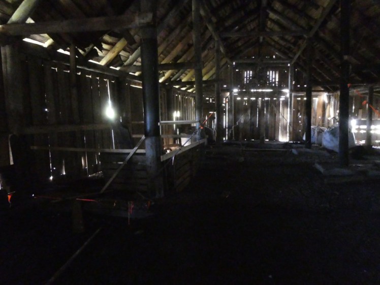 Inside the longhouse. The only light comes from gaps in the boards but you can see enough to see this isn't a typical Viking longhouse interior - lots of beams, lots of supporting poles, a gravel floor and various projects half-finished.