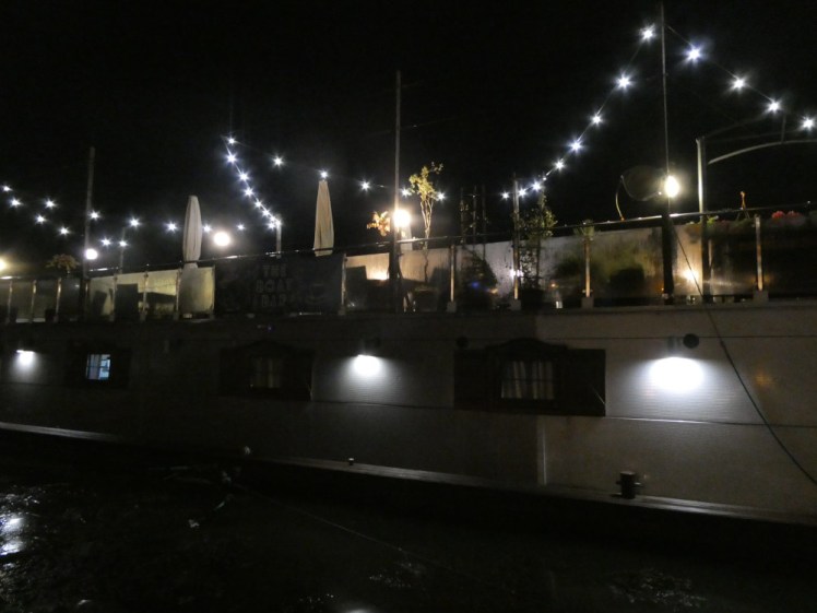 The lights on top of the boat by night. The bar, although illuminated, doesn't actually have any customers.