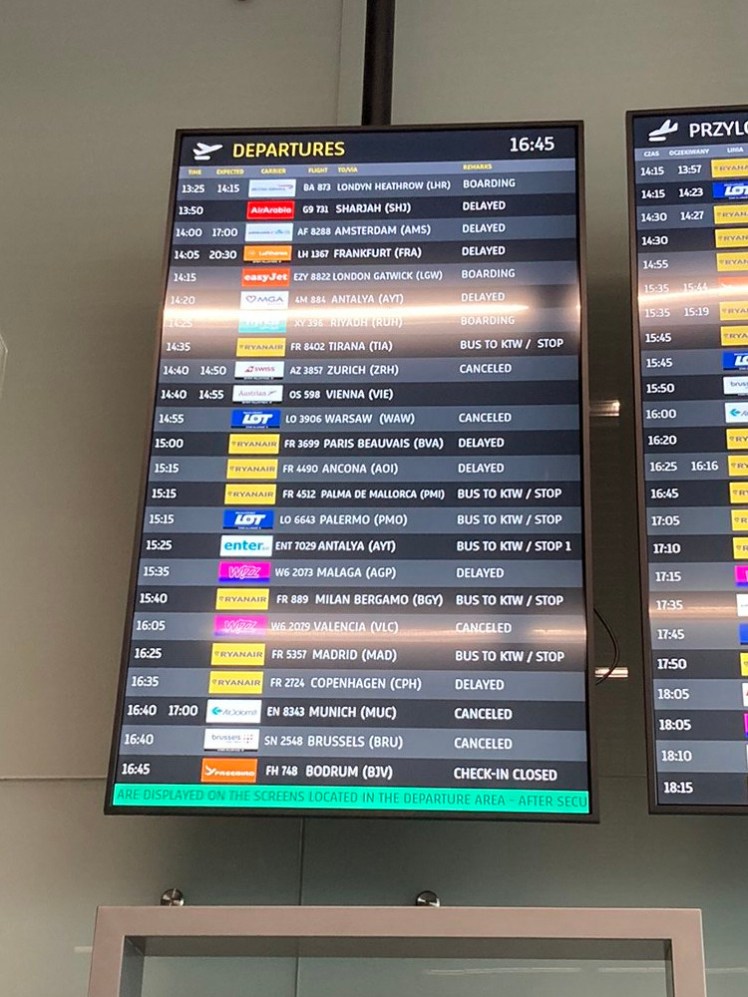 A departure board. The clock in the corner shows that the time is 16:45 but none of the departing flights go beyond 16:45 and they're almost all cancelled, delayed or diverted.