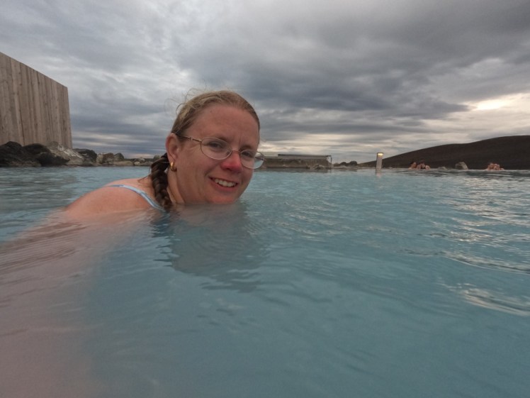 Swimming in the Nature Baths, only with the camera held out to the side and grinning. To be honest, my feet are probably on the ground. It's hard to swim one-handed.