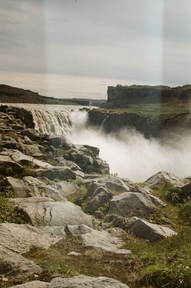 Dettifoss from a little way down the canyon so it's mostly a big cloud of steam rising up.