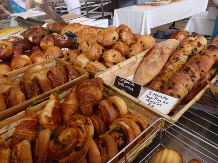Baskets of bread and pastries. This isn't actually a bakery, it's a baking festival held outside Notre-Dame in 2017 but it makes Paris look tasty.