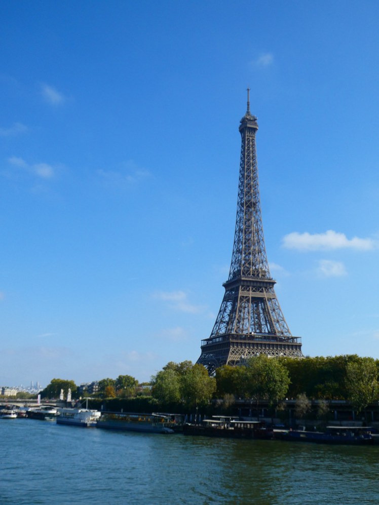 A view of the Eiffel Tower on a perfect clear blue day from Pont Bir-Hakeim.