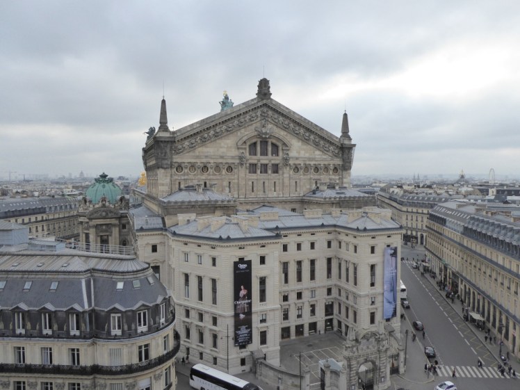 A view from Galeries Lafayette across the wide Haussman boulevards and the back of the Palais Garnier.