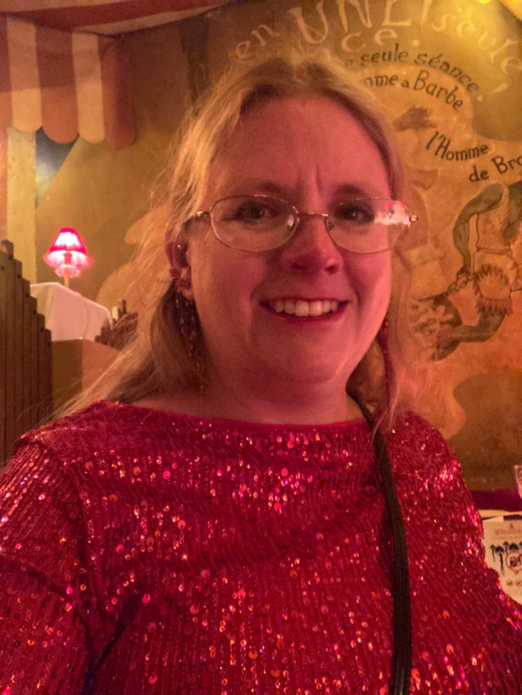 A selfie at my table inside the Moulin Rouge.