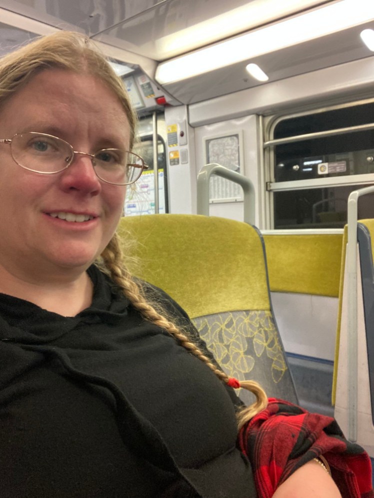 A selfie on the RER on my way from the airport to the city centre.