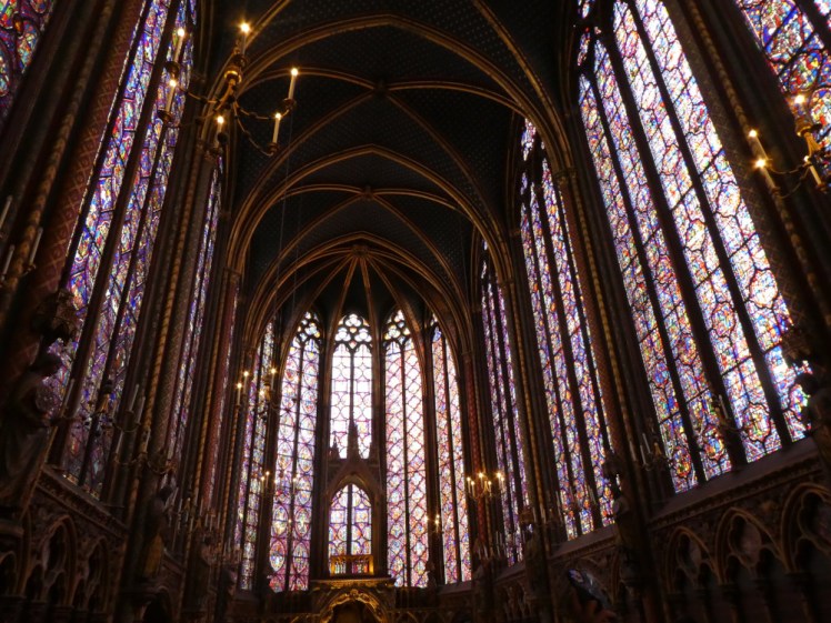 The upper chapel at Sainte-Chapelle, all slender pillars and high Gothic arches and incredibly tall blue stained glass windows.