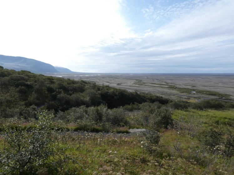 A view out beyond the scrubby heath towards a grey floodplain stretching towards the haze that will become the sea.