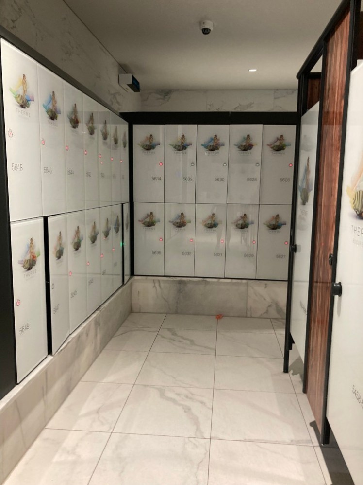 The lockers in the Elysium changing rooms. They each have a little picture of the birth of Venus and most of them have red LEDs because they're in use.