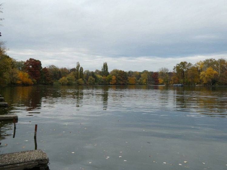 The lake in Herastrau Park, surrounded by trees in autumnal colours.
