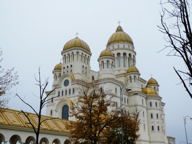 Bucharest's National Cathedral, a huge white cathedral topped with multiple golden domes.