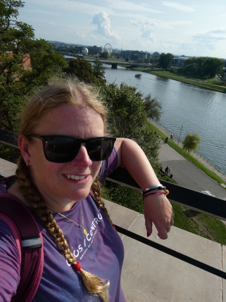 A selfie up on the castle walls above Krakow with the river (and the boat I was sleeping on) in the background. I'm still wearing a purple t-shirt.