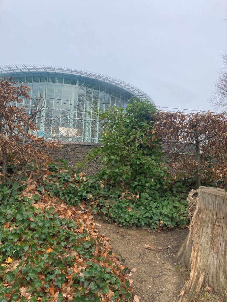 Thermes de Spa, a big circular glass building behind a low razor wire fence and separated from the path by bushes and gardens which are currently out of season.