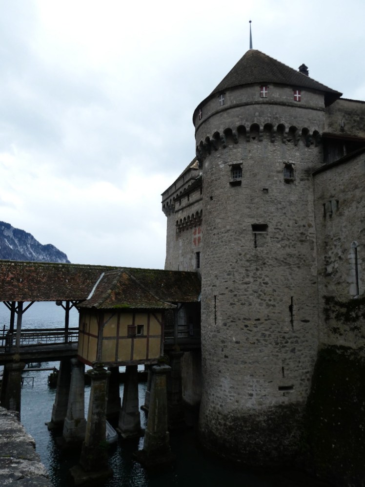 Chateau de Chillon and its wooden bridge leading to the ticket office and then into the castle.