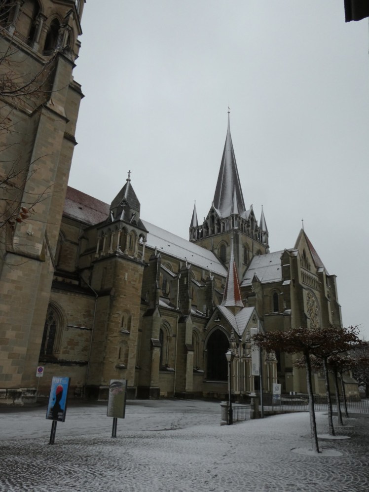 The cathedral after my visit. Now the ground outside is lightly dusted with snow, as is every bit of roof, tower and turret on the cathedral.