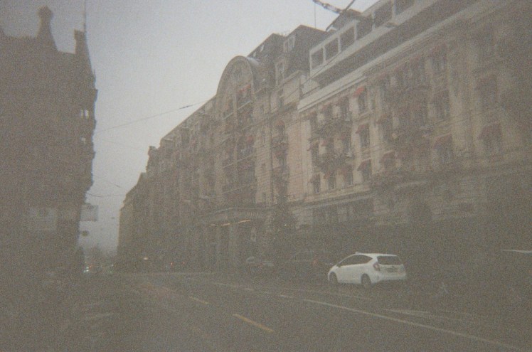 Lausanne's Palace Hotel, a large and visibly expensive hotel still decked out for Christmas. Unfortunately, in the snow, it looks like the last four photos - grainy and brown.