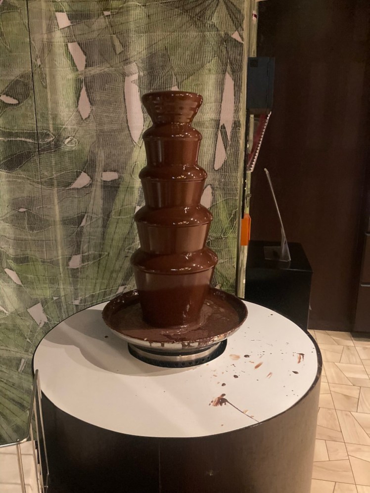The chocolate fountain in the lobby. It's late in the evening so the jar of biscuits has been put away but the fountain is still running, on five different levels.
