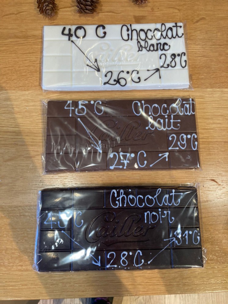 A bar of white, milk and dark chocolate piped with the temperature to melt the chocolate, the temperature to cool it to and the temperature it should end up when recombined.