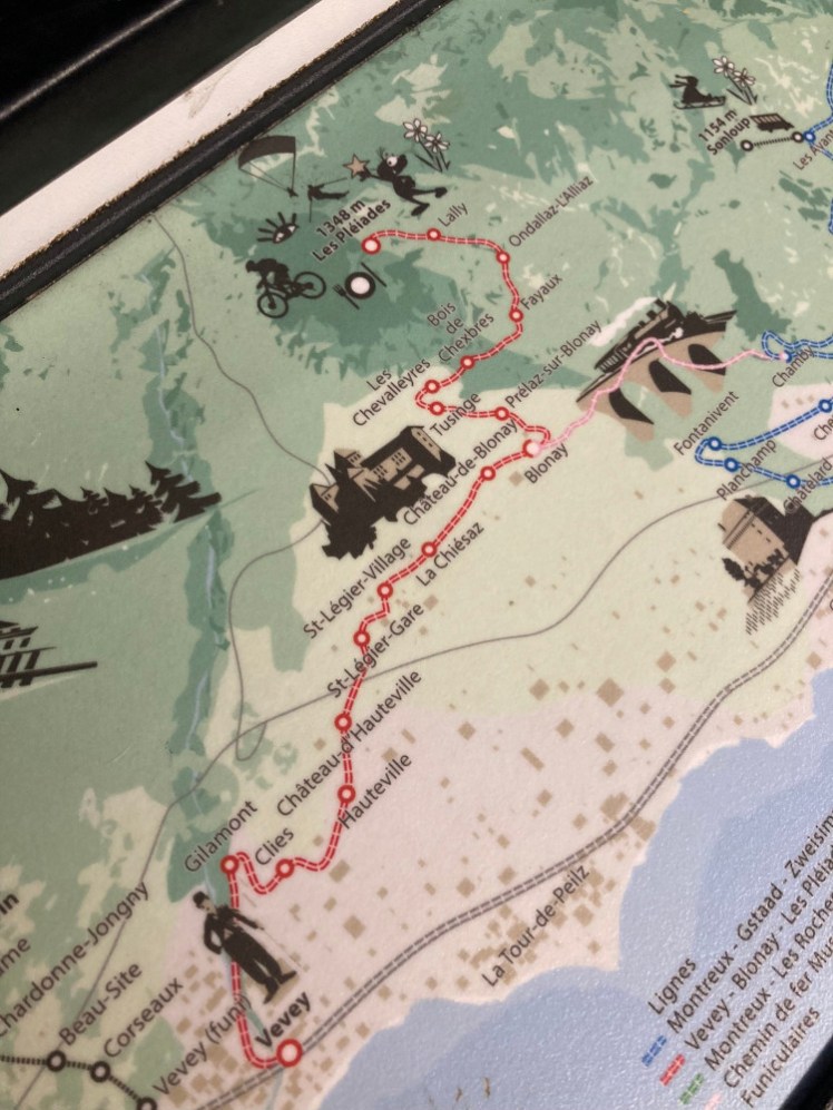 An illustrated map of the train route from Vevey to Les Pleiades as pictured on the train table. The other routes are also there but I only took a picture of the part of it showing my route.