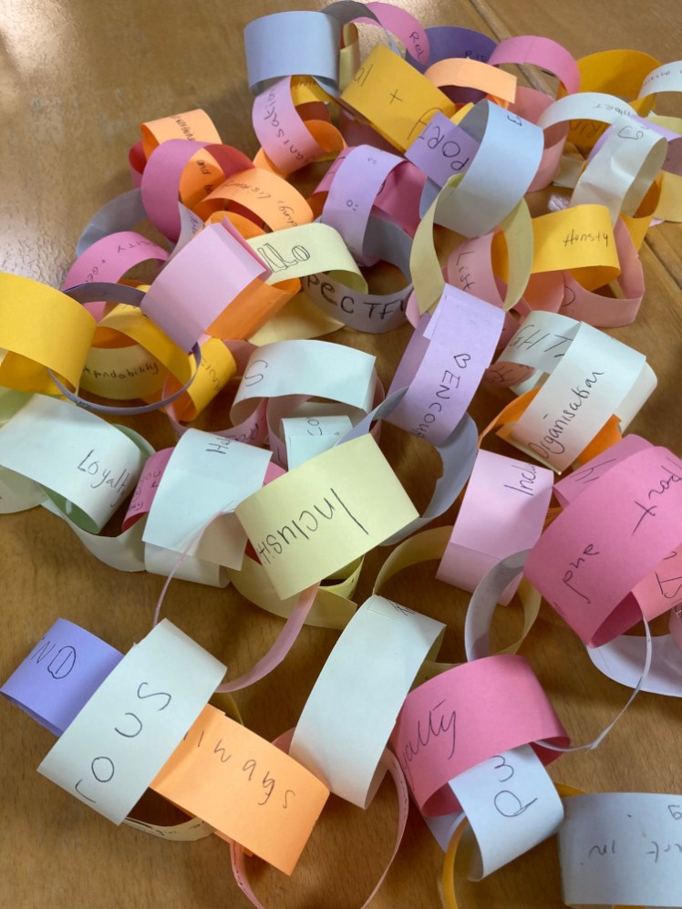 A paper chain made of rainbow coloured strips folded together and "what I bring to friendship" written on each ring.