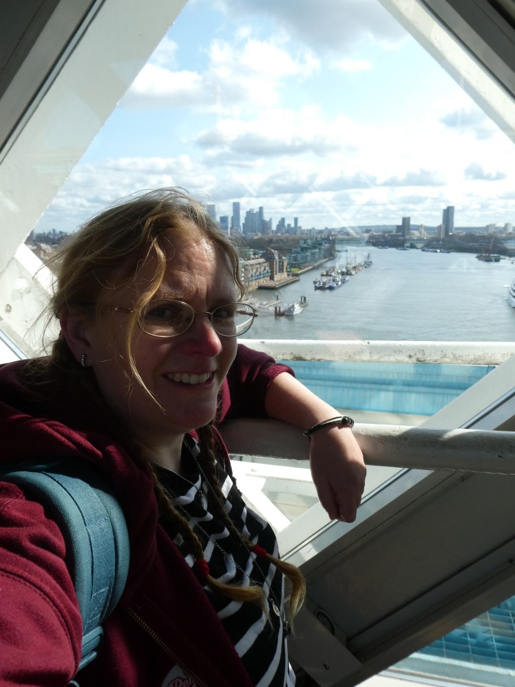 A selfie in almost direct sunlight overlooking the view east from Tower Bridge.
