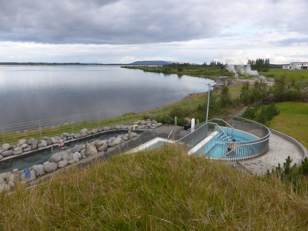 Fontana as seen from the facility building's turf roof. To the right is Viska, the raised hot tub, and below is the natural lava pool.