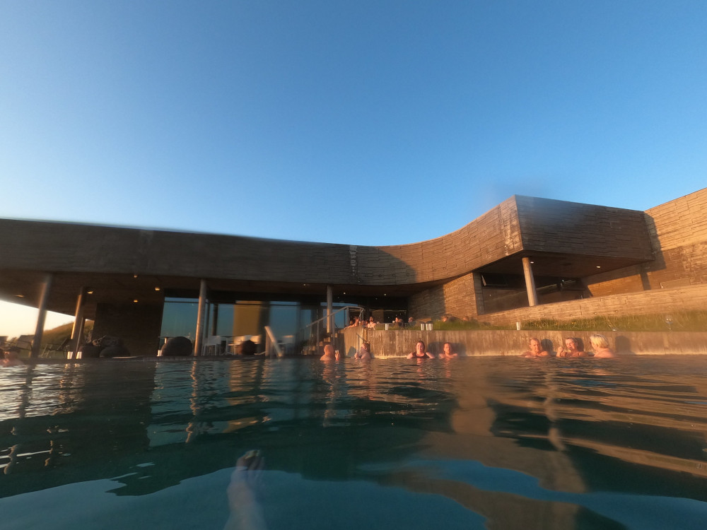 The Geosea building with the main pool in front of it and the bar pool to the right.