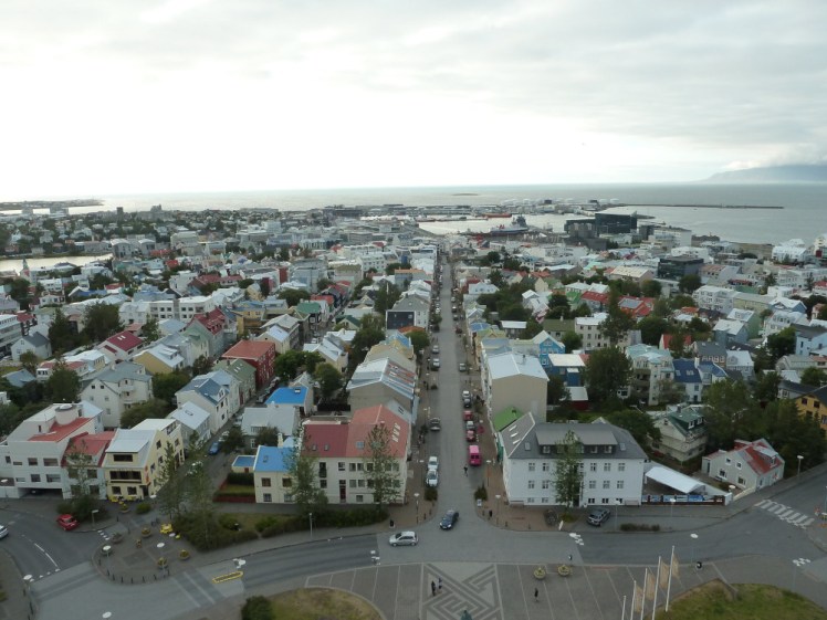 A view from the top of Hallgrimskirkja over the rooftops of Reykjavik.
