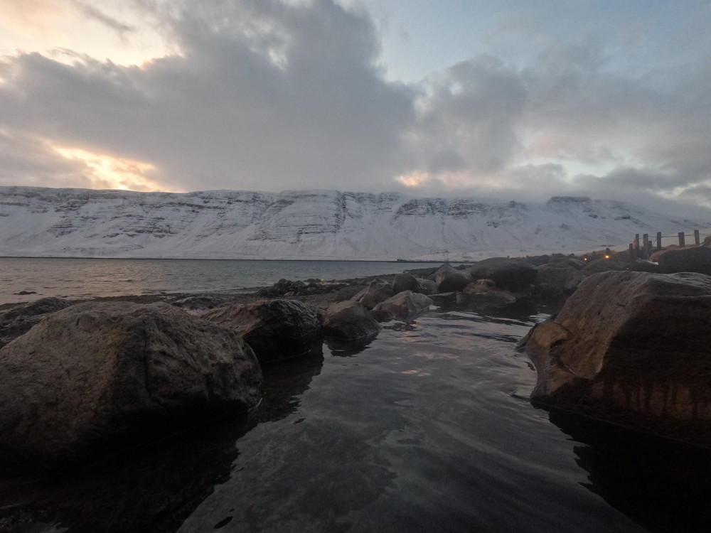 One of the winter pools with the snowy mountains in the background.