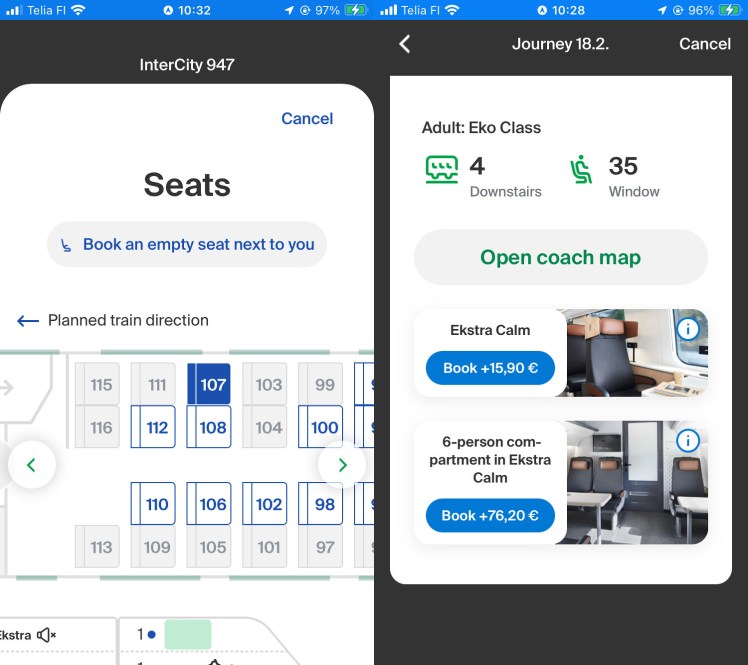 Two screenshots from the app, showing my original journeys. On the left is the seat map and the option to book an empty seat and on the right is my seat number for the return journey and the options to upgrade to Ekstra.