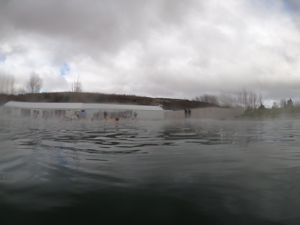 Looking across the pool to the very basic building housing the cafe and changing rooms.