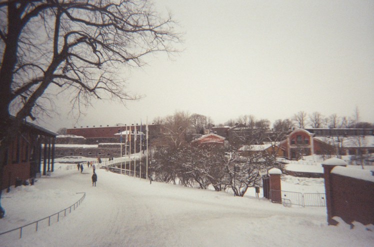 The view past the cafe on Suomenlinna. Beyond it is a bridge which takes you onto the more fortified island.
