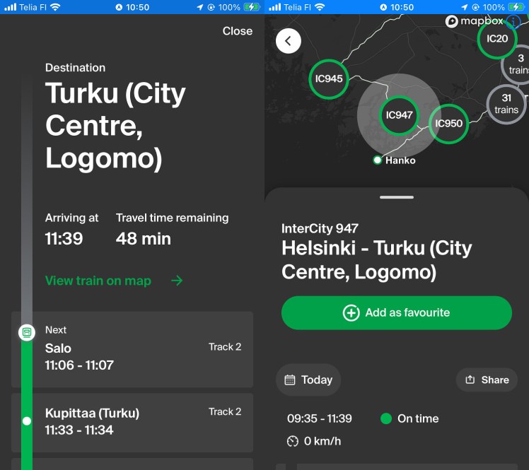 Two screenshots from the app showing the status of my journey as a list, with stops and ETA, and a screenshot of the journey and a map showing all the trains in the area, with mine haloed in grey.