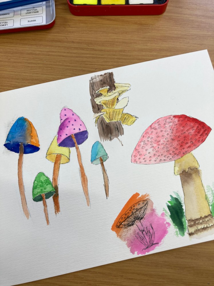A page of watercolour mushrooms mostly in unlikely colours.
