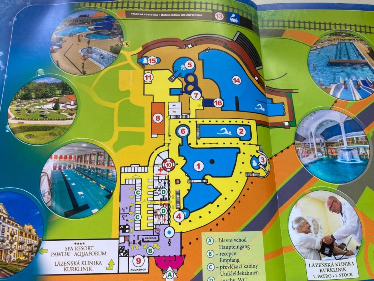 A map of the pool area, showing the indoor areas coloured in bright yellow and the outdoor areas in a kind of mustard yellow. You can see that the outside pool is quite a bit bigger than the inside one and also the layout of the building.