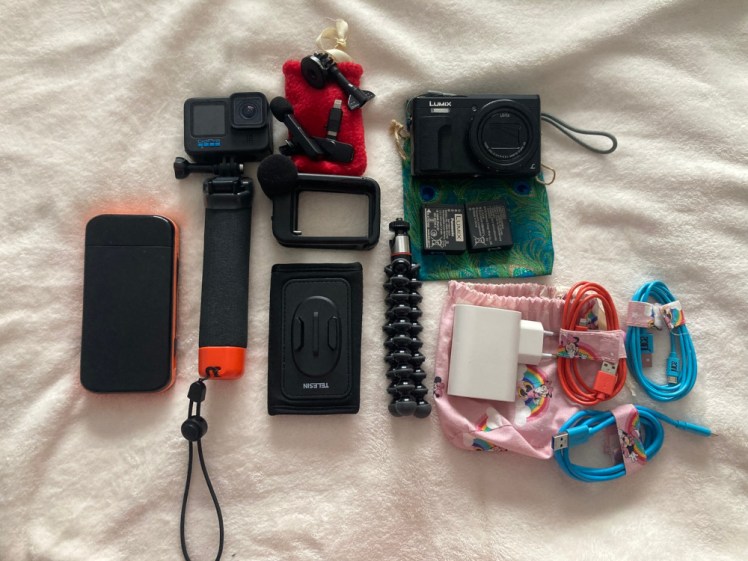 Electronics - my digital camera and GoPro, plus various accessories, as well as my charging kit.