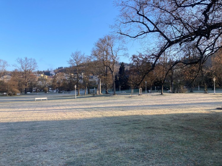 The spa park at Mariánské Lázně at 8am, the grass frosted white because it's 0° right now.