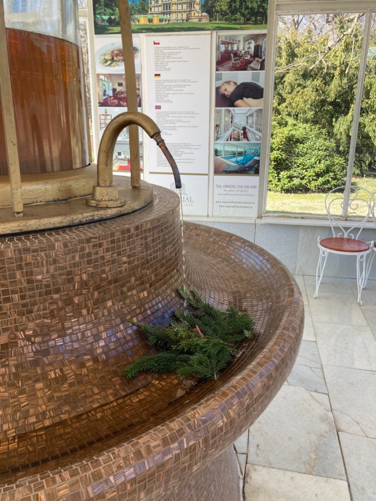 The New Spring. A glass vat contains bubbling orange-brown water which comes from a brass tap into a trough ringing the vat. It's lined in golden-bronze tiles and the water pours directly onto a sprig of greenery, presumably to disguise the sulphurous metallic smell of the water.