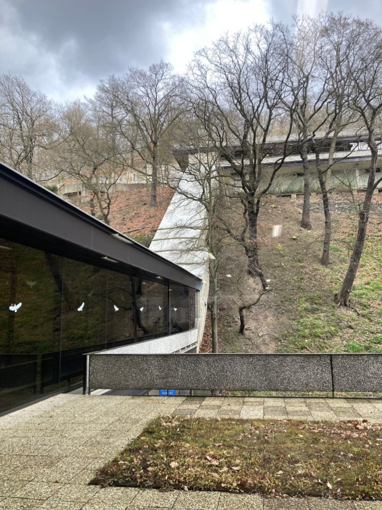 A concrete tube going up the slope from the black glass corridor sticking out the back of the Hotel Thermal up to the pool complex at the top of the hill.