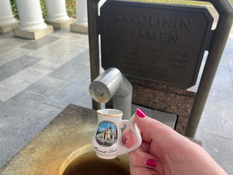 My spa cup in front of the Charles Spring. The cup is a tiny porcelain thing with a round bottom and a narrow neck. Its curved handle is actually a straw and on the front is a picture of the Colonnades.