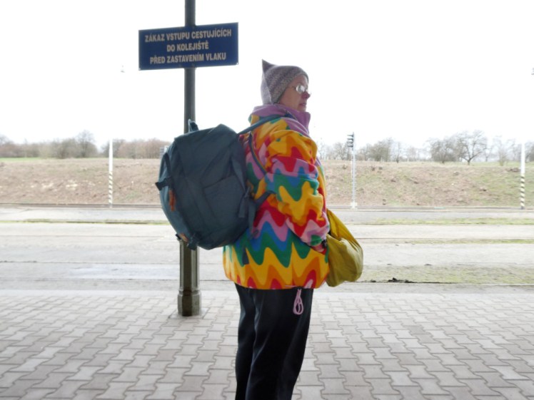 Me, in my rainbow fleece, on the platform of a commuter station on the outskirts of Prague. The bag is quite short but it's pretty bulky.