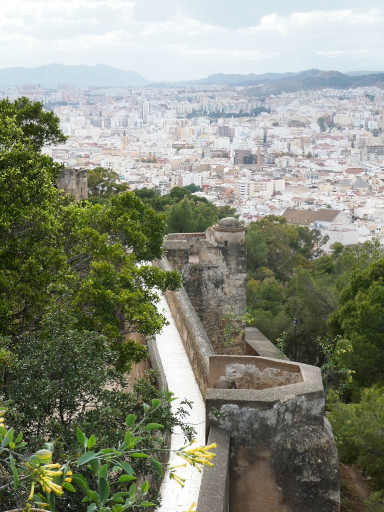 A view down on the fortified walls from a tower with trees on the hill and the city below.