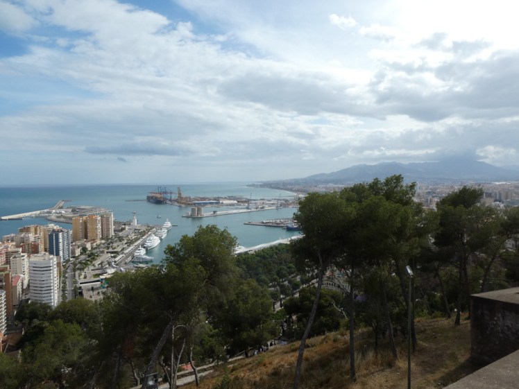 Views over the harbour and the Mediterranean and the mountains to the south as seen from the top of the Gilbralfaro.